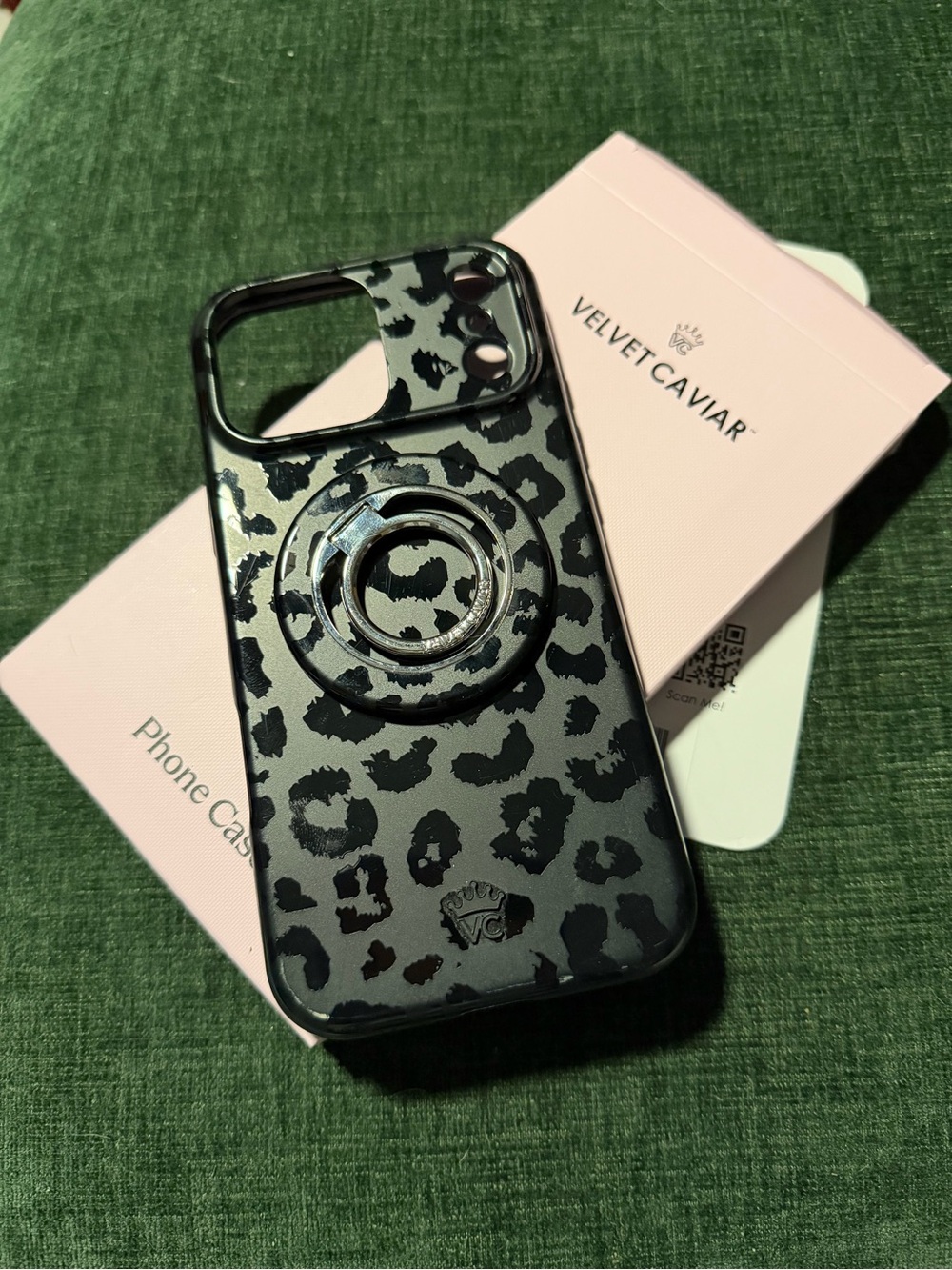 Velvet Caviar Black Leopard Print Phone Case and matching MagSafe grip
